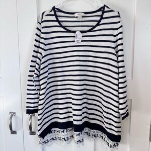 NWT CJ BANKS Navy & White Textured Striped Accent Sweater w/ Lace Trim Size 2X